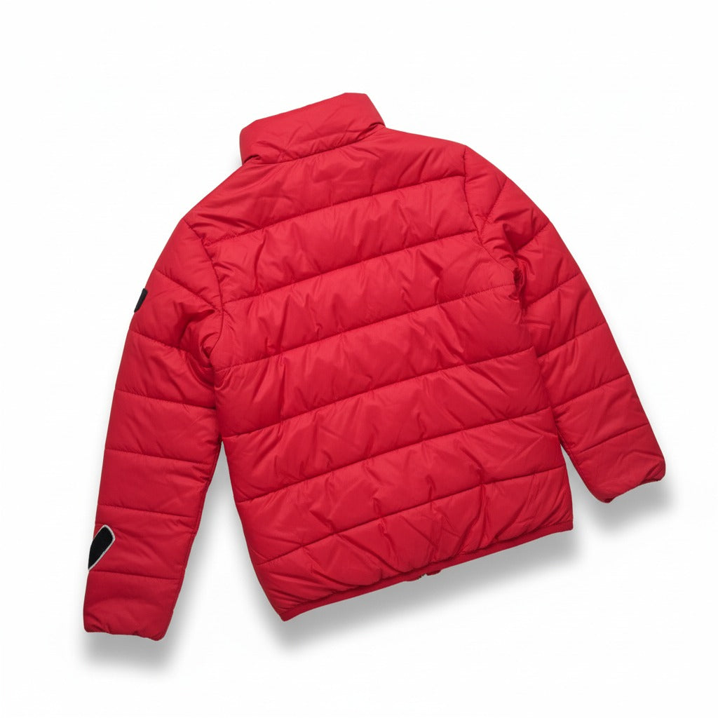 Product Name: Women’s Red Puffer Jacket with Embroidered Patches