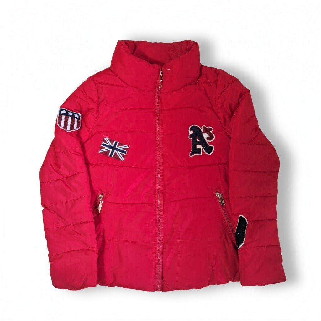 Product Name: Women’s Red Puffer Jacket with Embroidered Patches