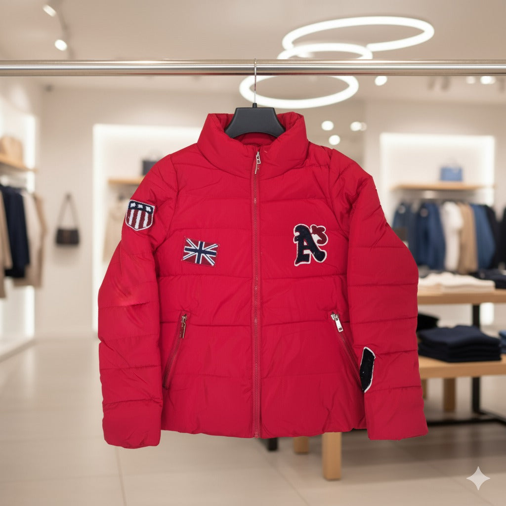 Product Name: Women’s Red Puffer Jacket with Embroidered Patches