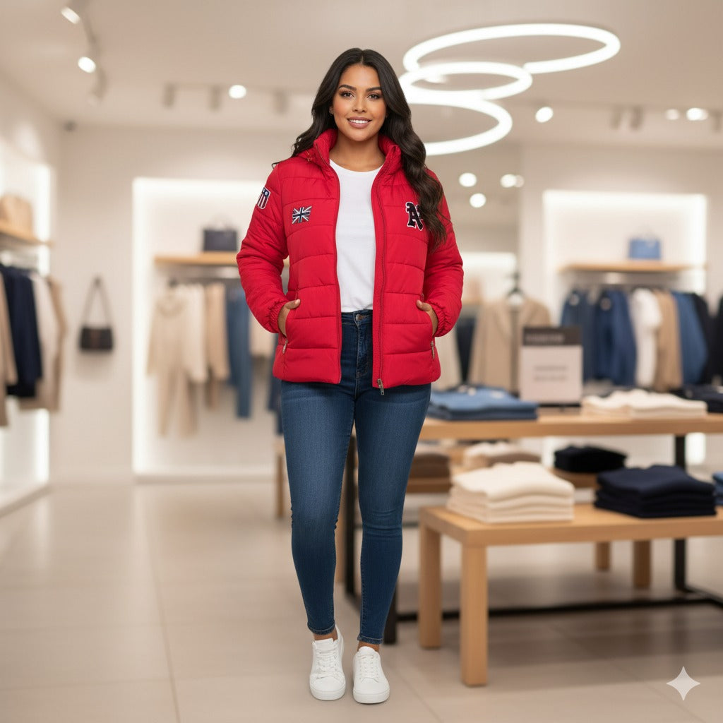 Product Name: Women’s Red Puffer Jacket with Embroidered Patches