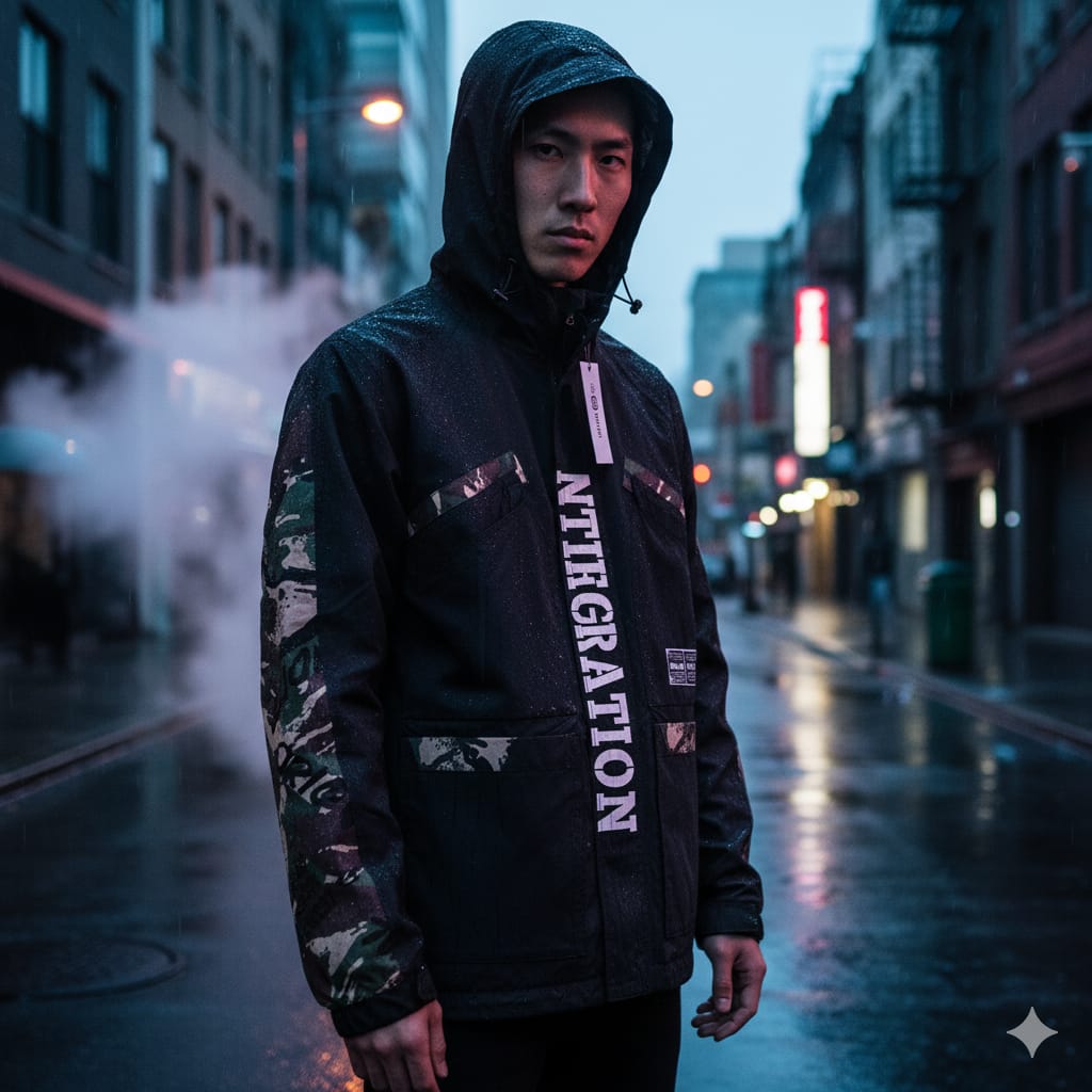 Edgy Black & Camo Panel Streetwear Jacket with Vertical Print