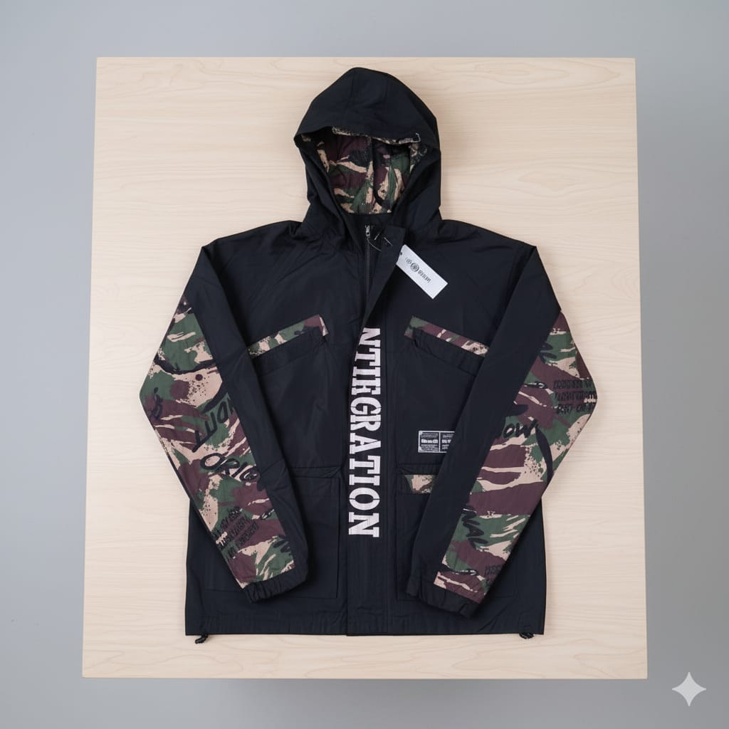 Edgy Black & Camo Panel Streetwear Jacket with Vertical Print