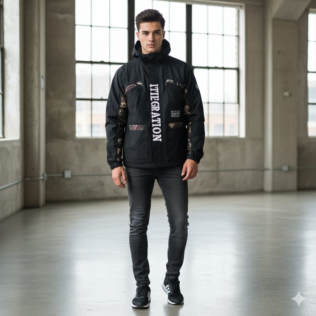 Edgy Black & Camo Panel Streetwear Jacket with Vertical Print