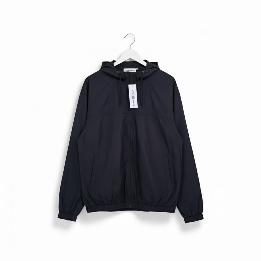Dark Black Lightweight Windbreaker with Back Sup Graphic
