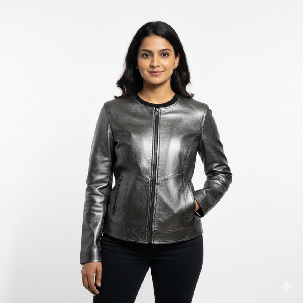 Dark Silver Genuine Leather Ladies Jacket