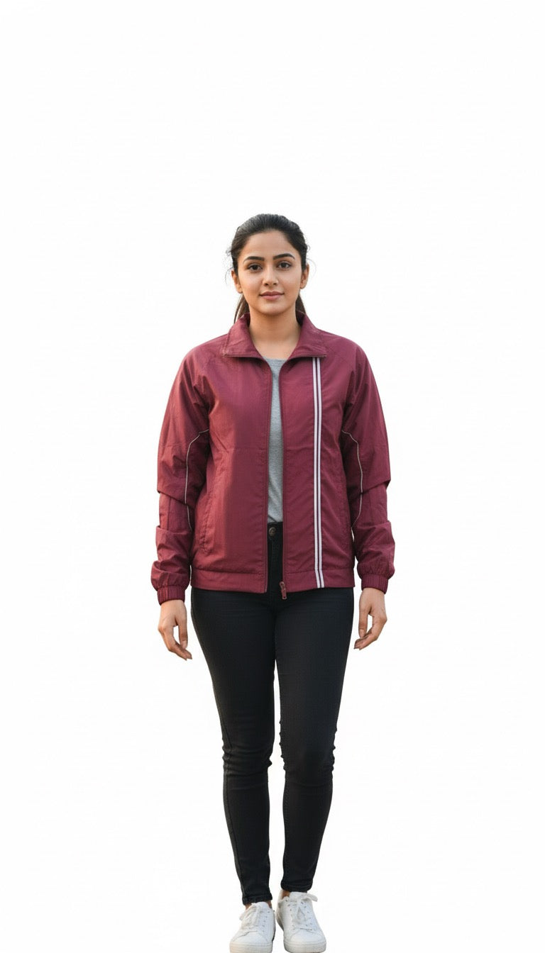 Burgundy, striped athletic-style jacket.